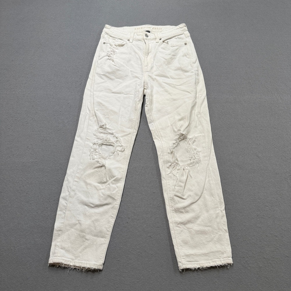 American Eagle Mom Jeans Women's 6 White Denim High Rise Straight Leg Distressed